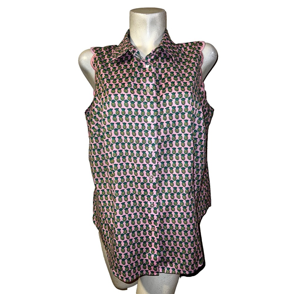 Talbots Womens 16WP Pink Pineapple Print Sleeveless Scallop Non-Iron Blouse